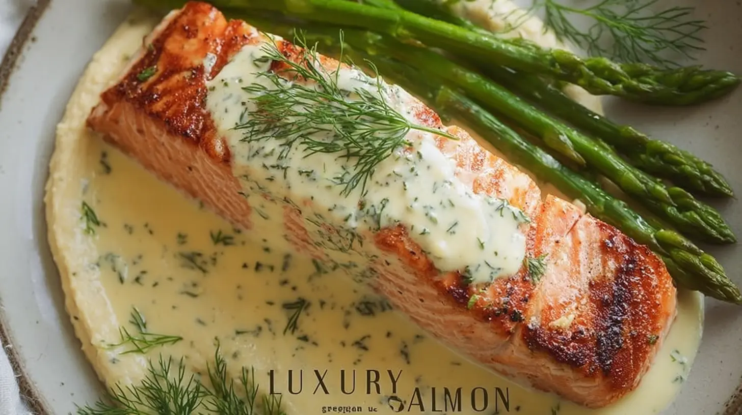 Plate of grilled salmon fillet with luxurious creamy Dijon sauce.