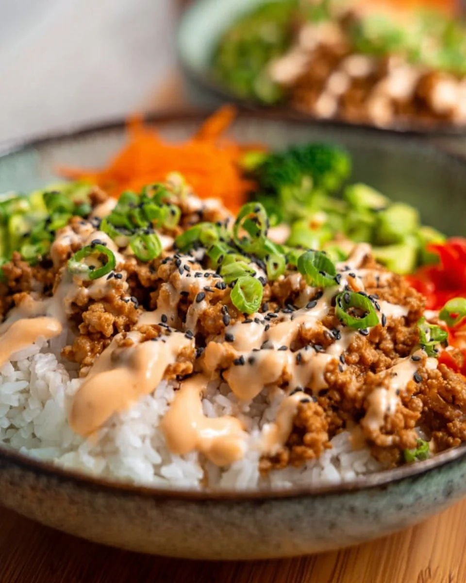 25 Fresh & Healthy Recipes for Light, Flavor-Packed Meals 10 Ground Turkey Rice Bowls with Bang Bang Sauce served in a colorful bowl