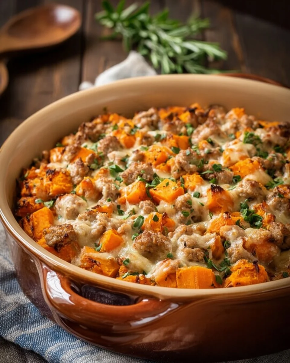 Ground turkey sweet potato bake topped with spices and herbs in a baking dish
