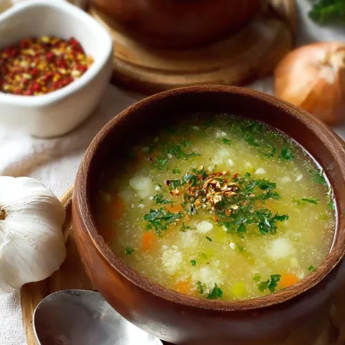 Bowl of healing garlic soup for cold recovery