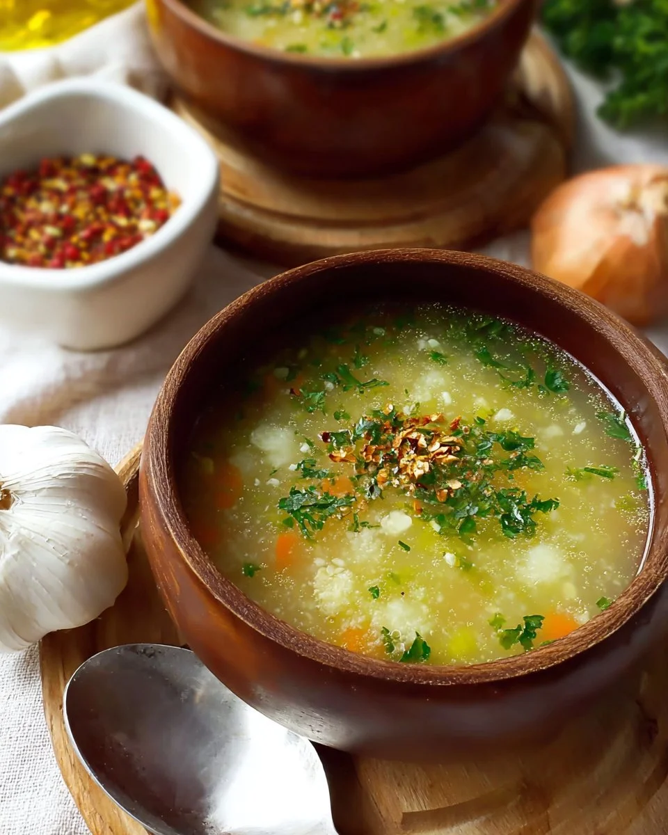 Bowl of healing garlic soup for cold recovery