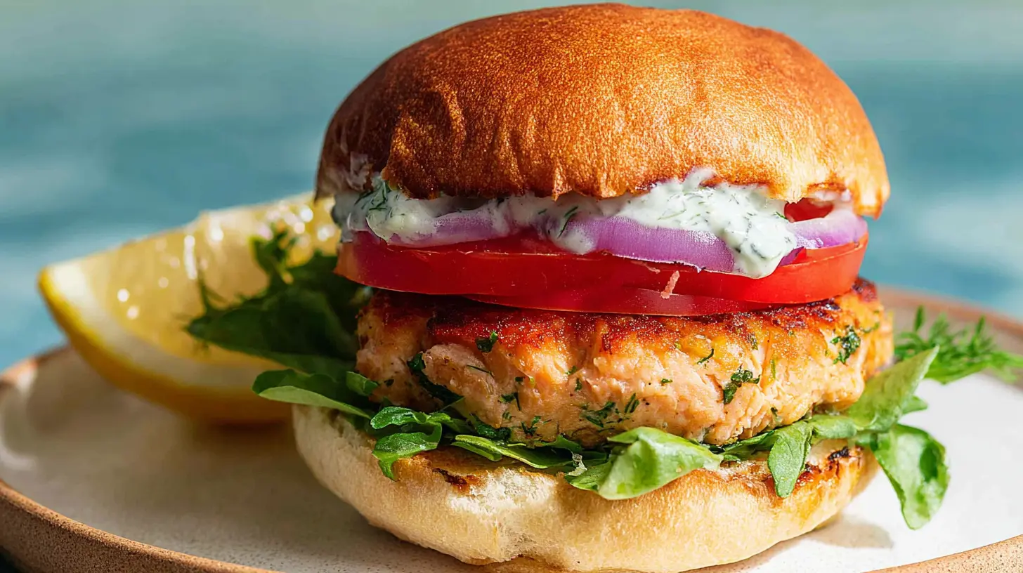 Homemade salmon burgers on a bun with lettuce and tomato.