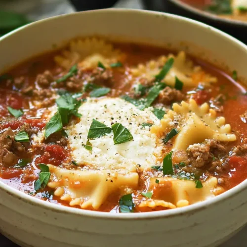 A steaming bowl of hearty lasagna soup with melted cheese.