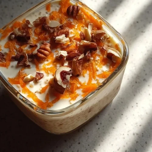High Protein Carrot Cake Overnight Oats 2 Bowl of high protein carrot cake overnight oats topped with nuts and raisins