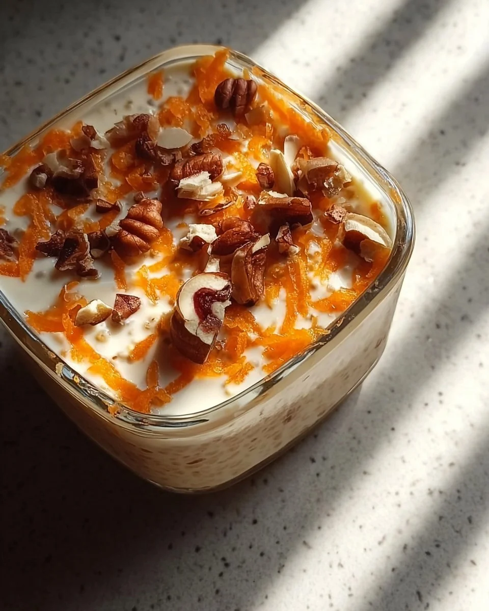High Protein Carrot Cake Overnight Oats 1 Bowl of high protein carrot cake overnight oats topped with nuts and raisins
