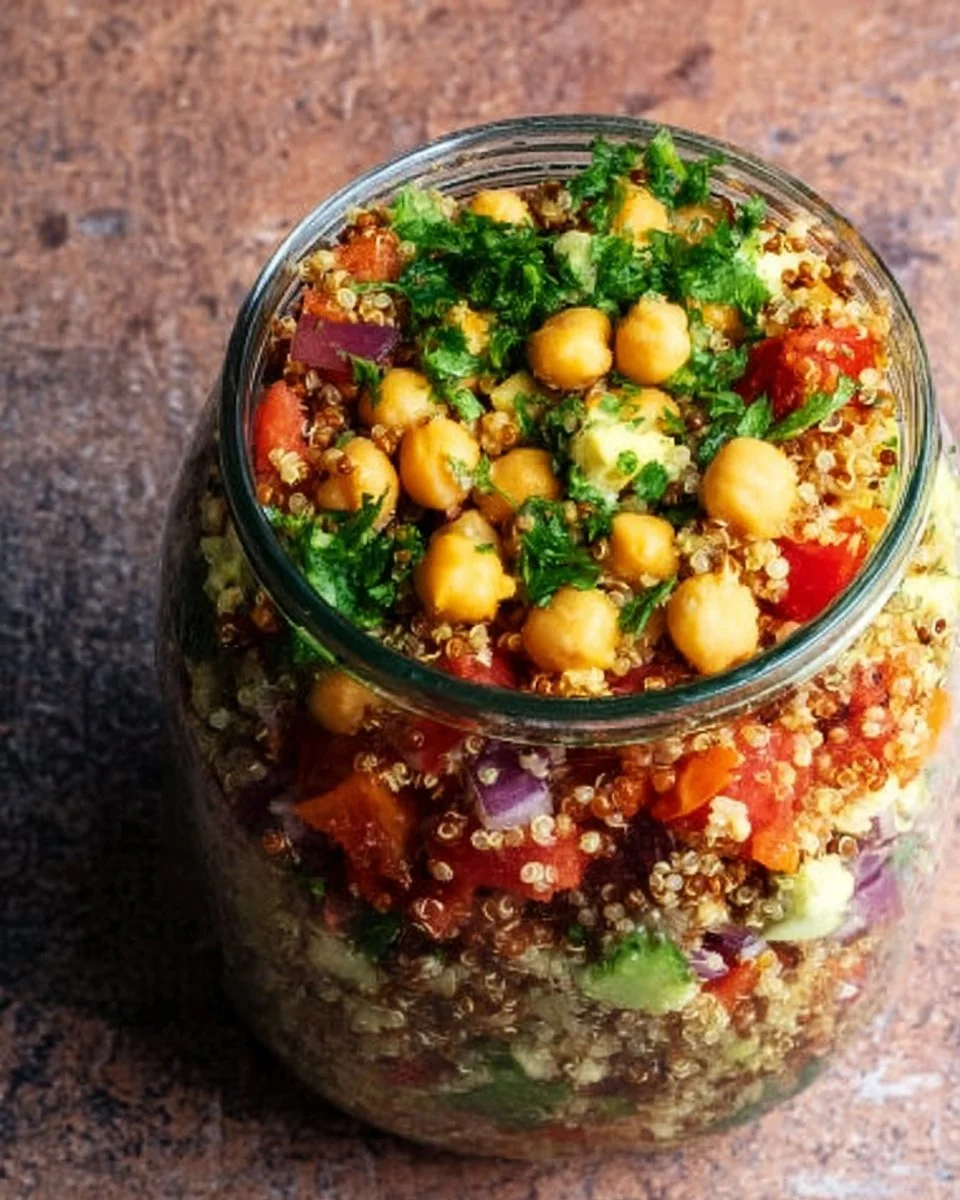 High-Protein Chickpea Quinoa Salad 1 High-protein chickpea quinoa salad with fresh vegetables and dressing.