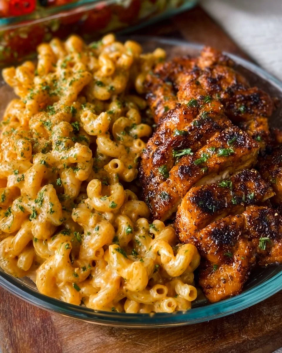 High-Protein Honey Garlic Butter Chicken served with mac and cheese