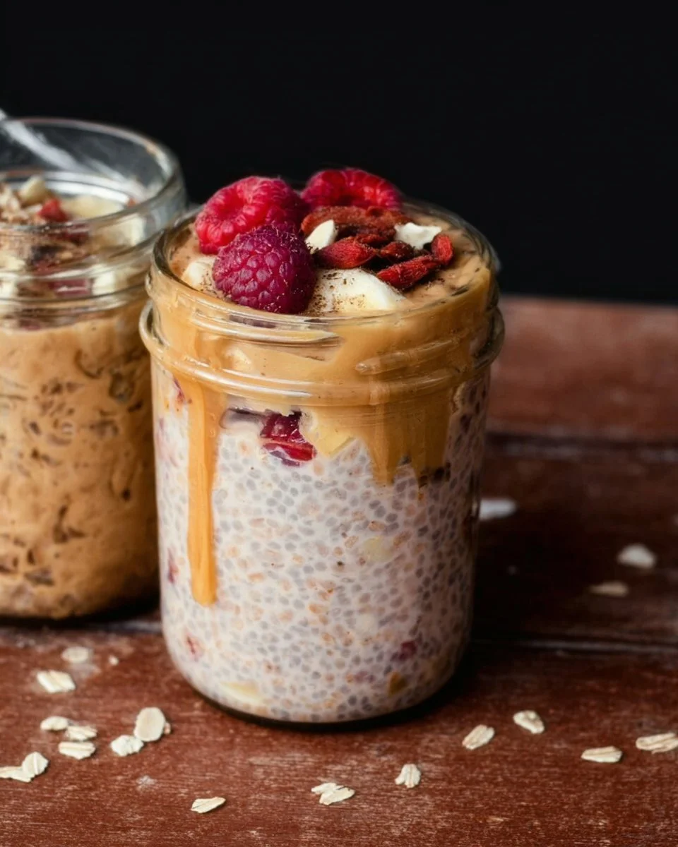 Bowl of high-protein overnight oats topped with fruits and nuts