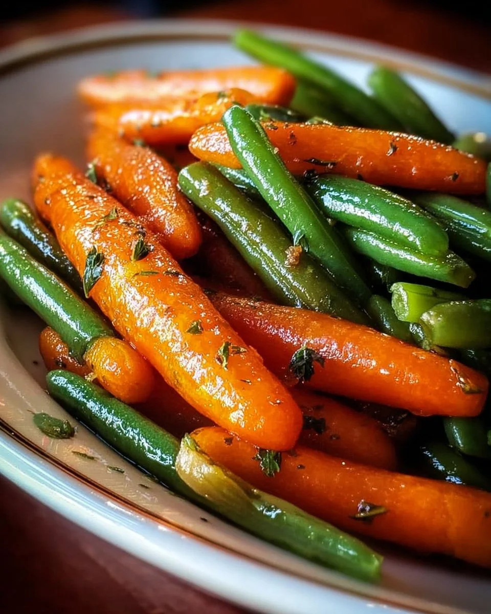 Delicious honey glazed carrots and green beans served as a side dish