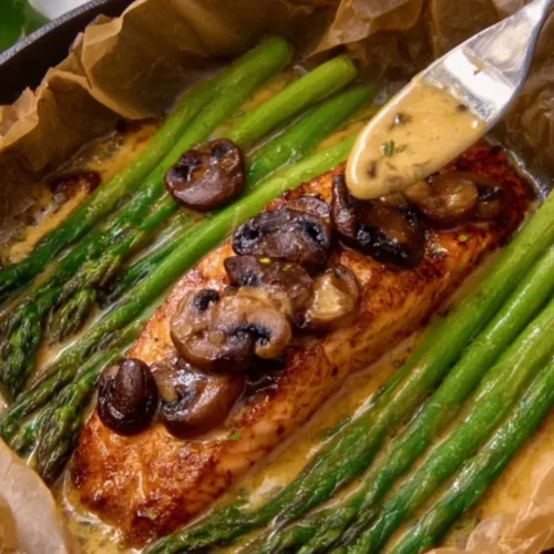 Plate of honey mustard salmon served with mushrooms and asparagus