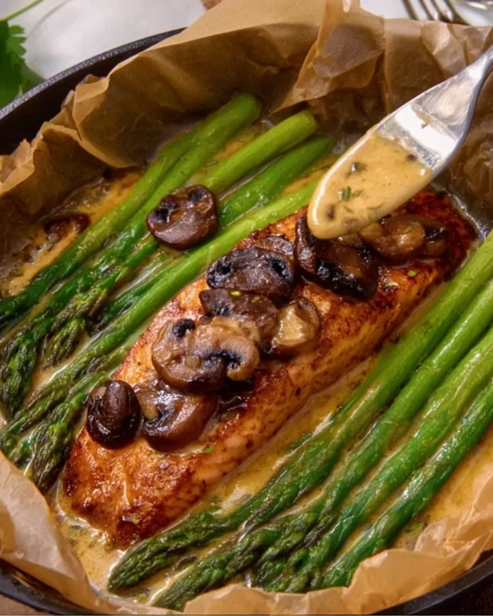 Plate of honey mustard salmon served with mushrooms and asparagus