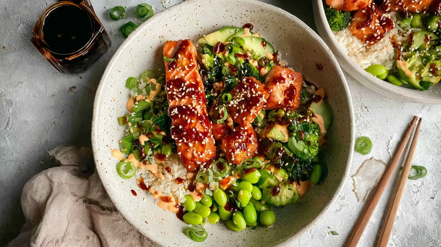 A vibrant bowl of Honey Sriracha Glazed Salmon Bowls with rice and fresh vegetables.