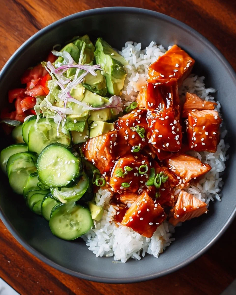 Honey Sriracha Salmon served in a bowl garnished with vegetables and rice