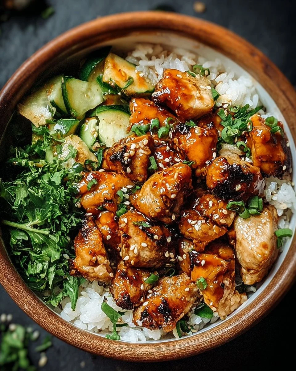 Hot Honey Chicken Bowl 1 Delicious Hot Honey Chicken Bowl with spicy honey-glazed chicken and rice.