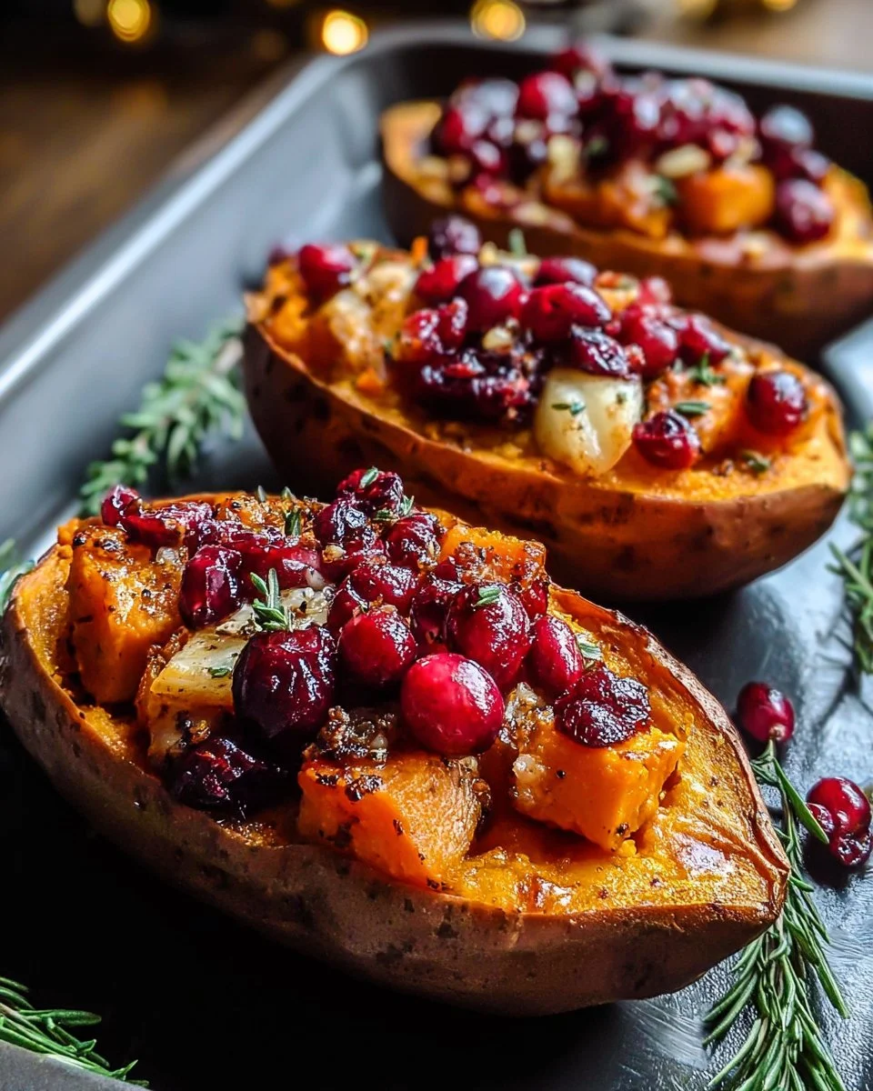 Indulge in Cranberry Apple Twice-Baked Sweet Potatoes This Fall! 1 Cranberry apple twice-baked sweet potatoes topped with nuts and herbs