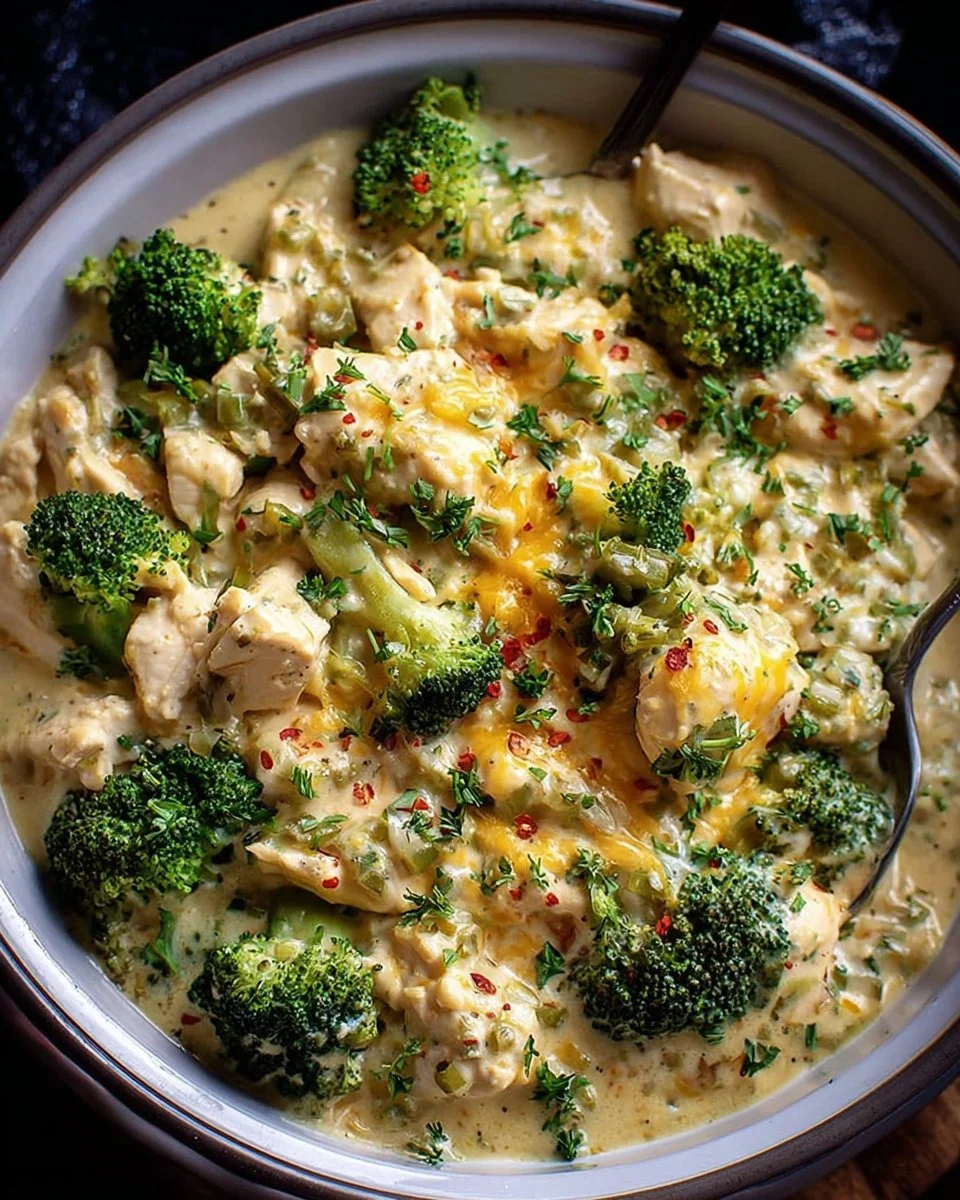 Crockpot creamy broccoli cheddar chicken served in a bowl