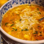 Bowl of Italian Penicillin Soup garnished with fresh herbs, showcasing vibrant ingredients.
