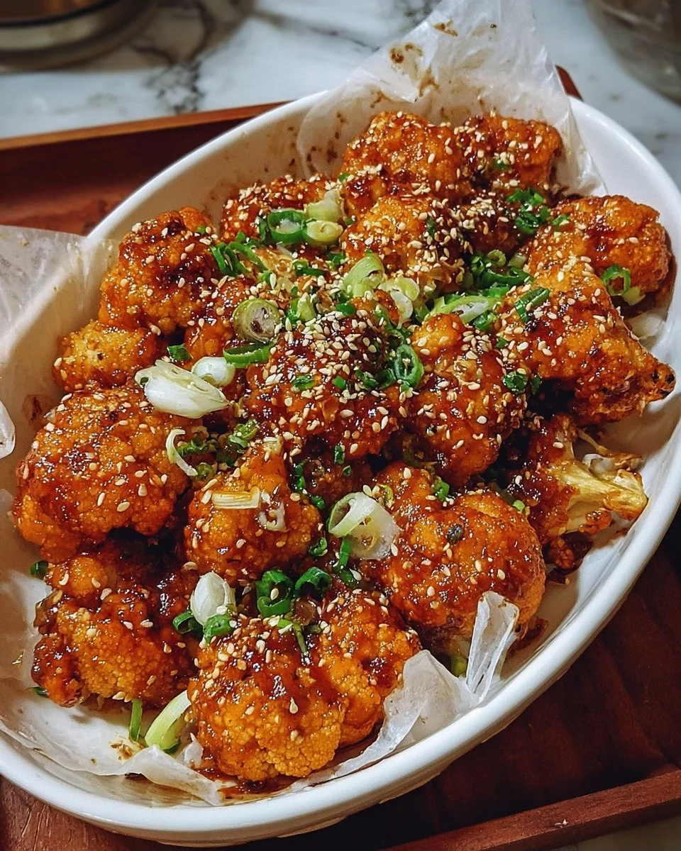 Korean Baked Cauliflower 1 Delicious Korean Baked Cauliflower garnished with sesame seeds and green onions.