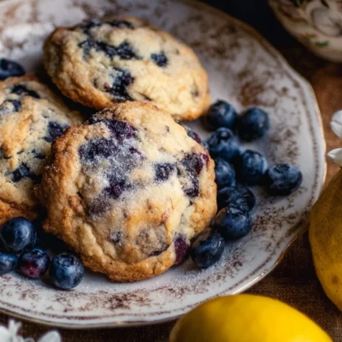 Lemon Blueberry Cookies 2 Freshly baked lemon blueberry cookies on a decorative plate