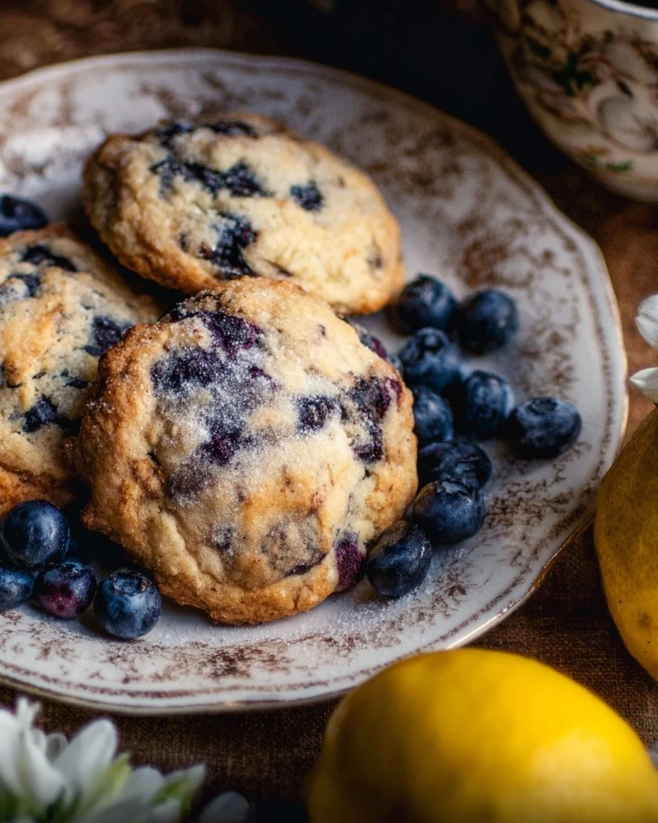 Freshly baked lemon blueberry cookies on a decorative plate