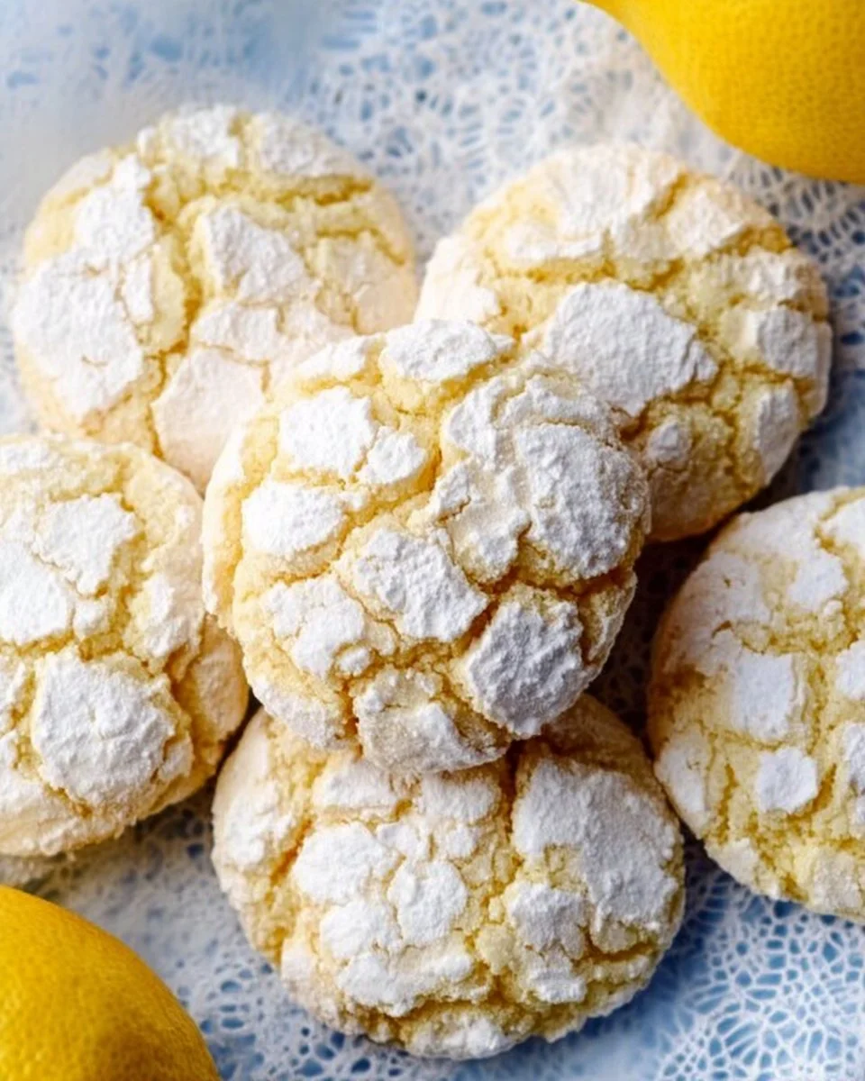 Lemon Crinkle Cookies 1 Freshly baked Lemon Crinkle Cookies with a dusting of powdered sugar.