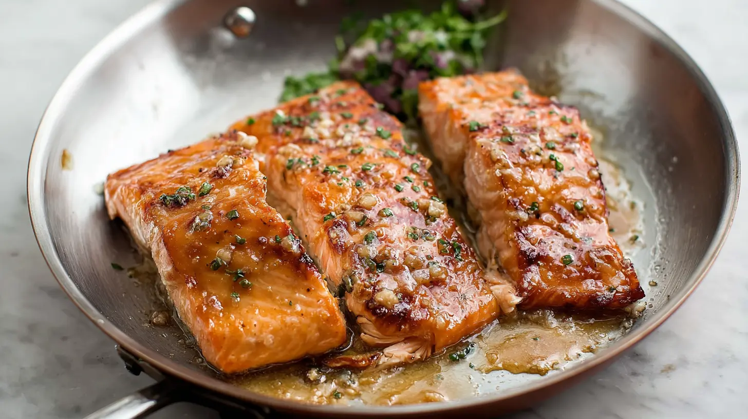 A perfectly baked salmon fillet with a rich maple dijon glaze