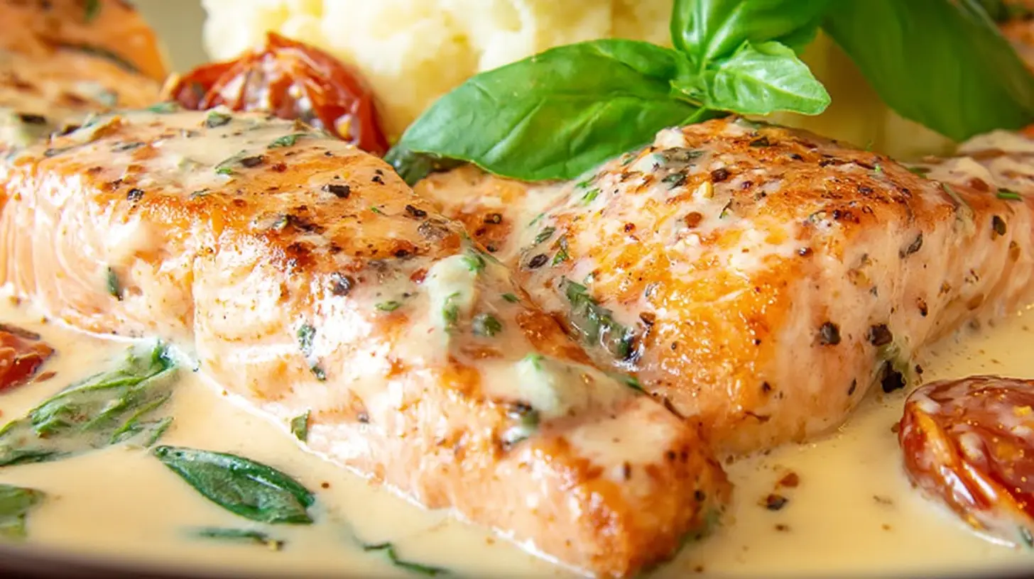 A serving of Marry Me Creamy Garlic Butter Salmon on a white plate with fresh herbs.