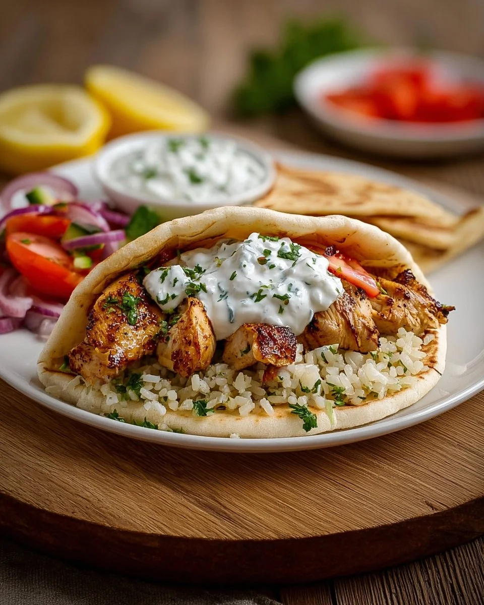 Mediterranean Chicken Gyros served with creamy feta tzatziki sauce