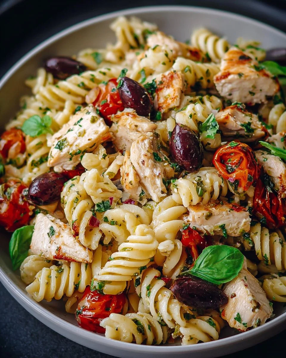 Mediterranean Chicken Pasta Salad 1 Colorful Mediterranean Chicken Pasta Salad served in a bowl with fresh ingredients.