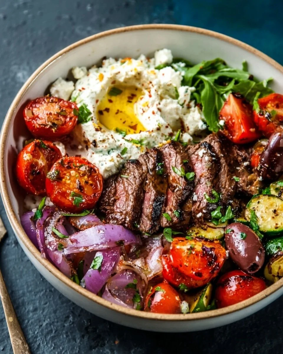Mediterranean steak bowl with grilled vegetables and herbs