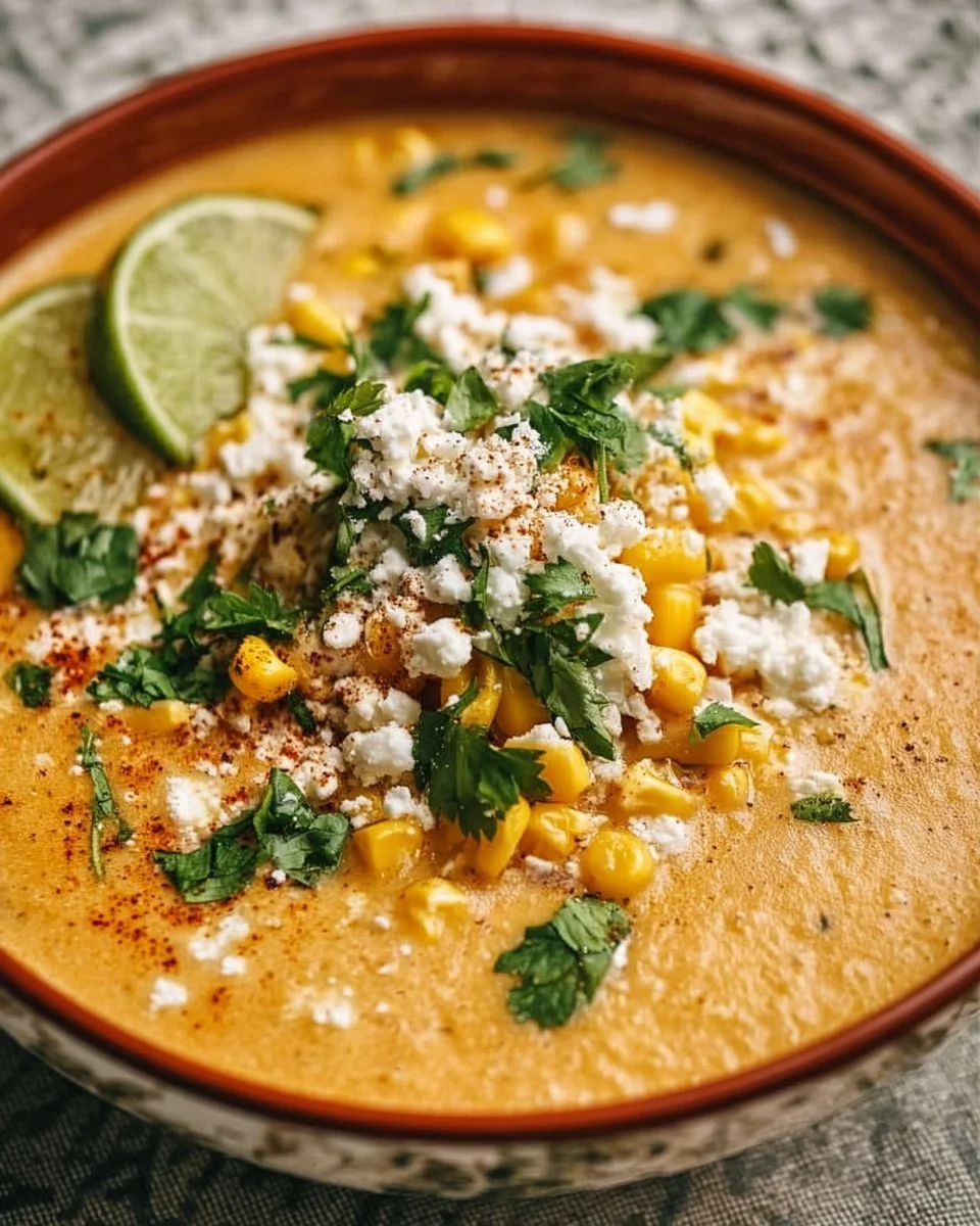Bowl of delicious Mexican Street Corn Soup topped with fresh cilantro and cheese