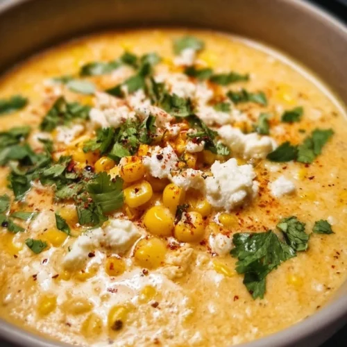 Bowl of Mexican street corn soup garnished with cilantro and lime