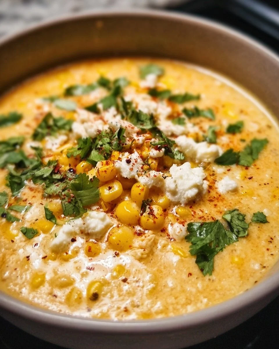 Bowl of Mexican street corn soup garnished with cilantro and lime