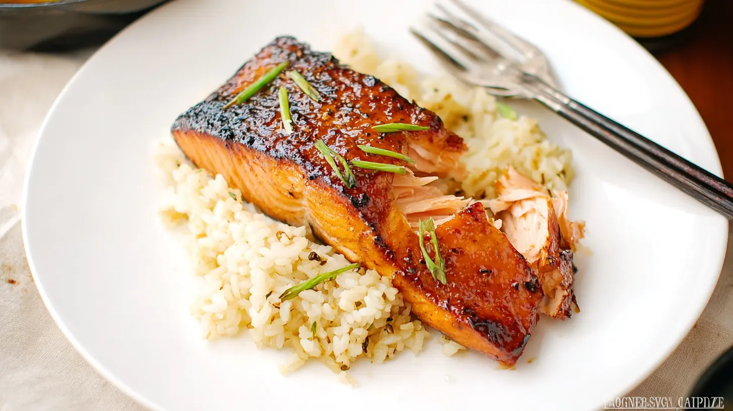 A beautifully seared miso salmon fillet presented on a plate.