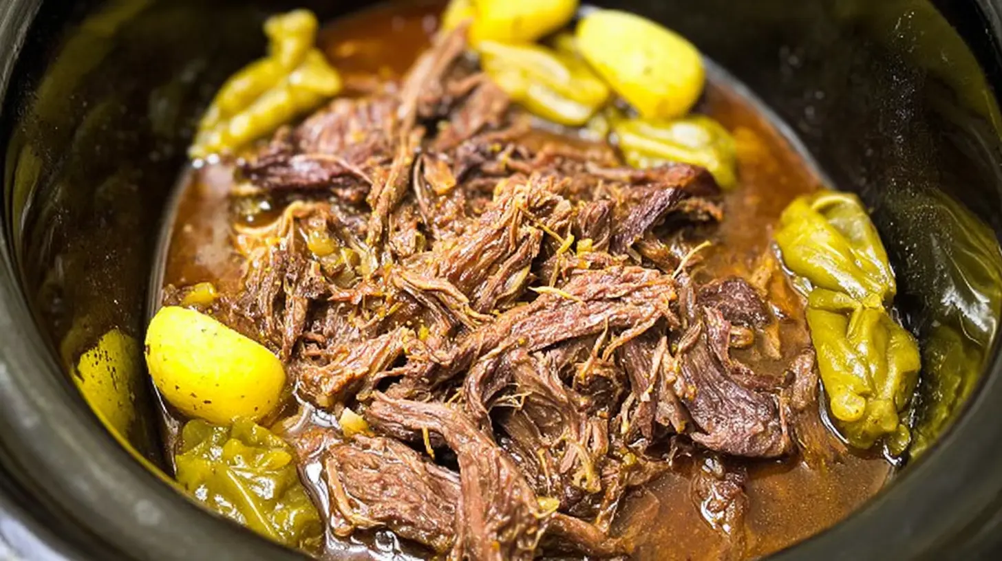 A hearty Mississippi Pot Roast cooking slowly in a crockpot.