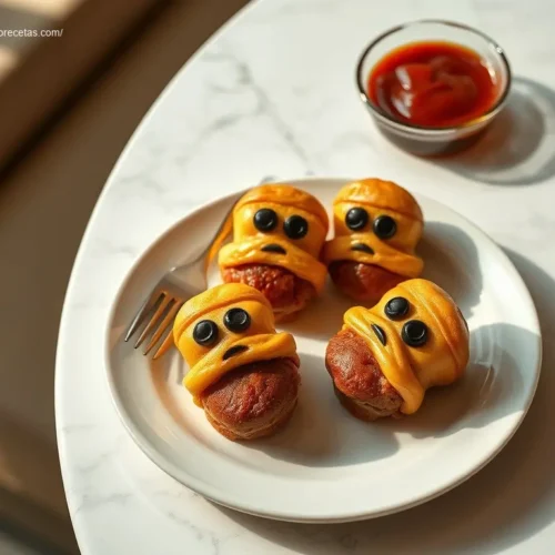 Mummy Meatloaf Minis: How To Make 1st Batch! 2 Delicious Mummy Meatloaf Minis on a white plate