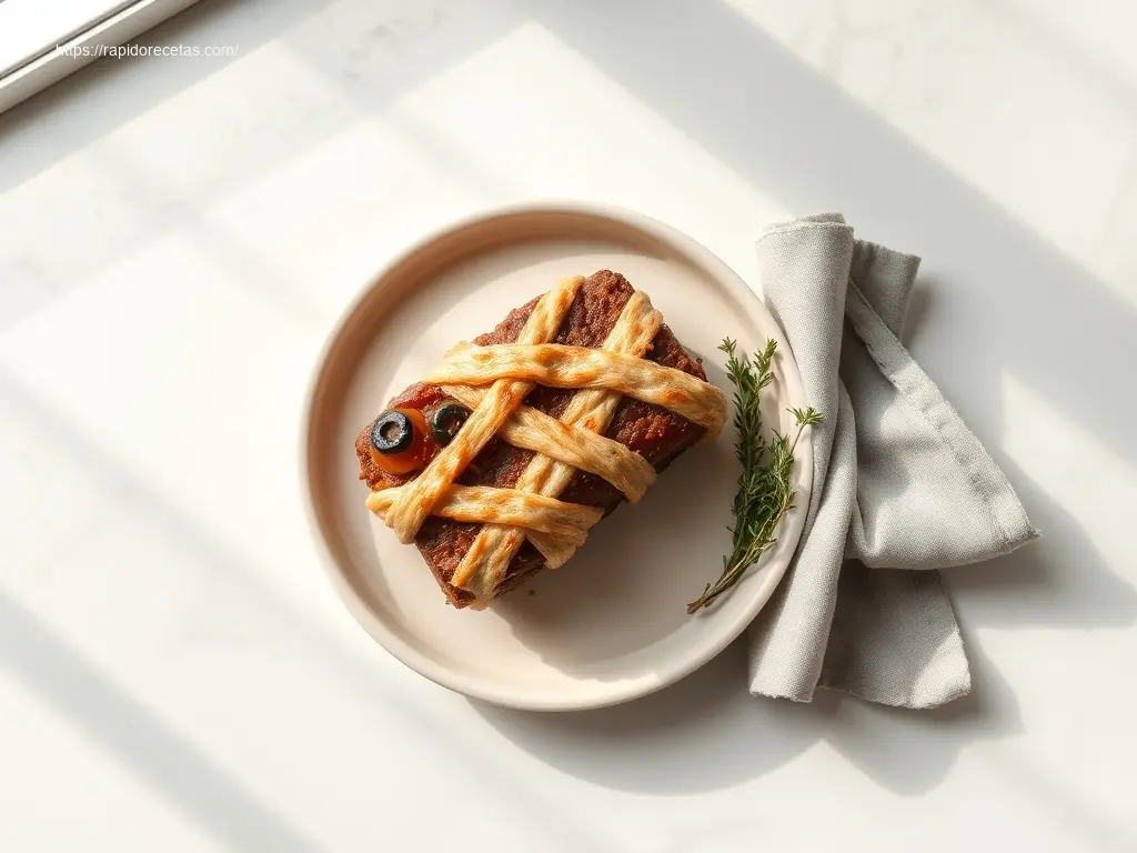 Mummy Meatloaf Minis: How To Make 1st Batch! 1 Delicious Mummy Meatloaf Minis on a white plate