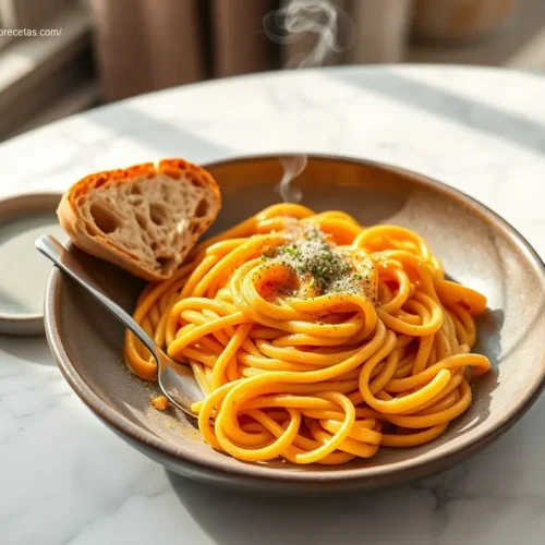 Creamy Pumpkin Alfredo pasta served in a white bowl