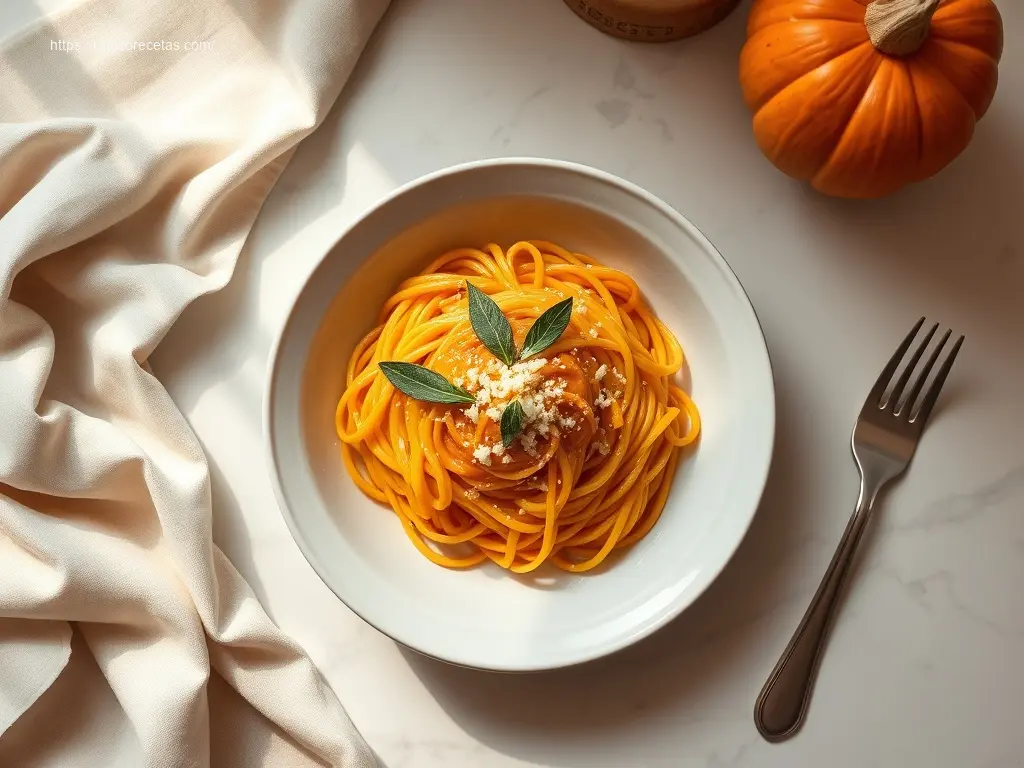 Creamy Pumpkin Alfredo pasta served in a white bowl