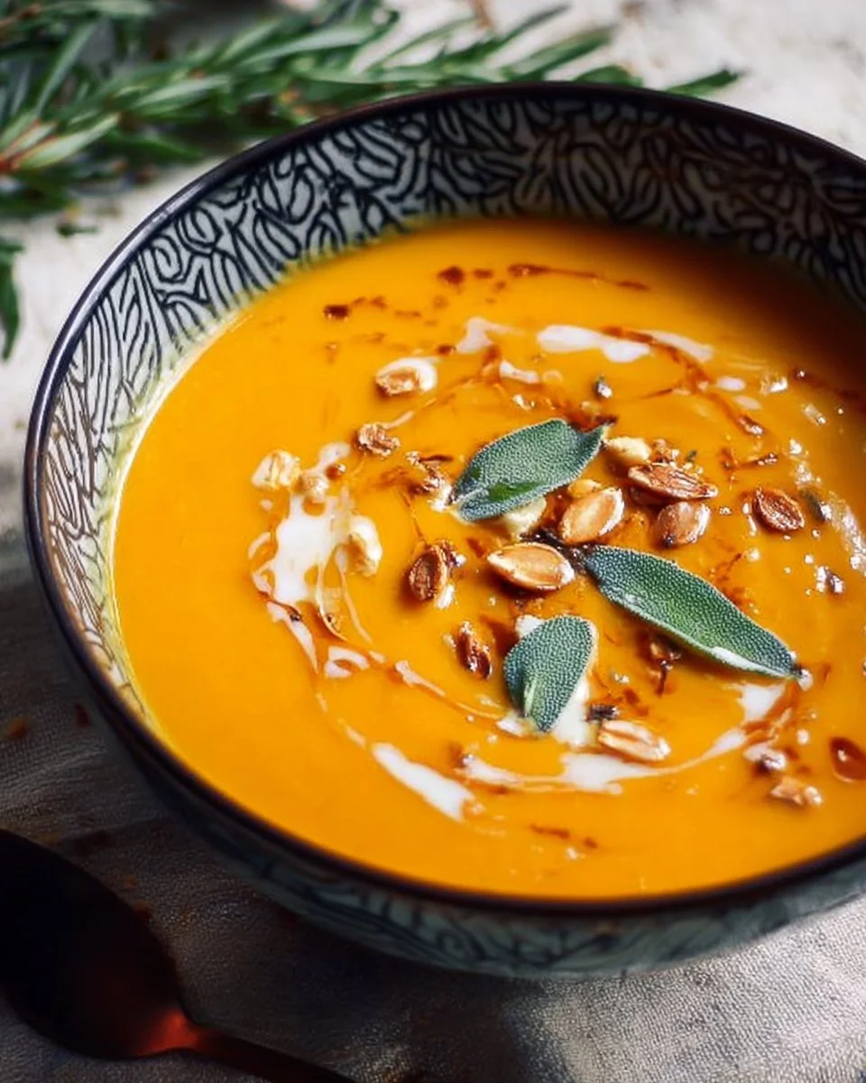 Delicious bowl of pumpkin and sweet potato soup garnished with herbs