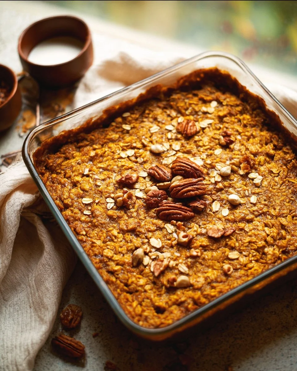 Pumpkin Baked Oatmeal 1 Delicious Pumpkin Baked Oatmeal topped with nuts and spices