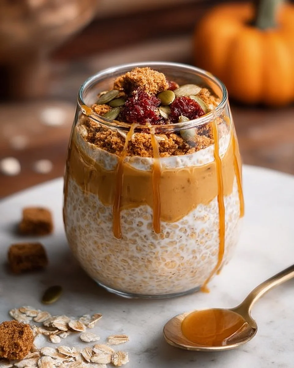 Pumpkin Cheesecake Overnight Oats 1 Bowl of pumpkin cheesecake overnight oats topped with whipped cream and pumpkin seeds.