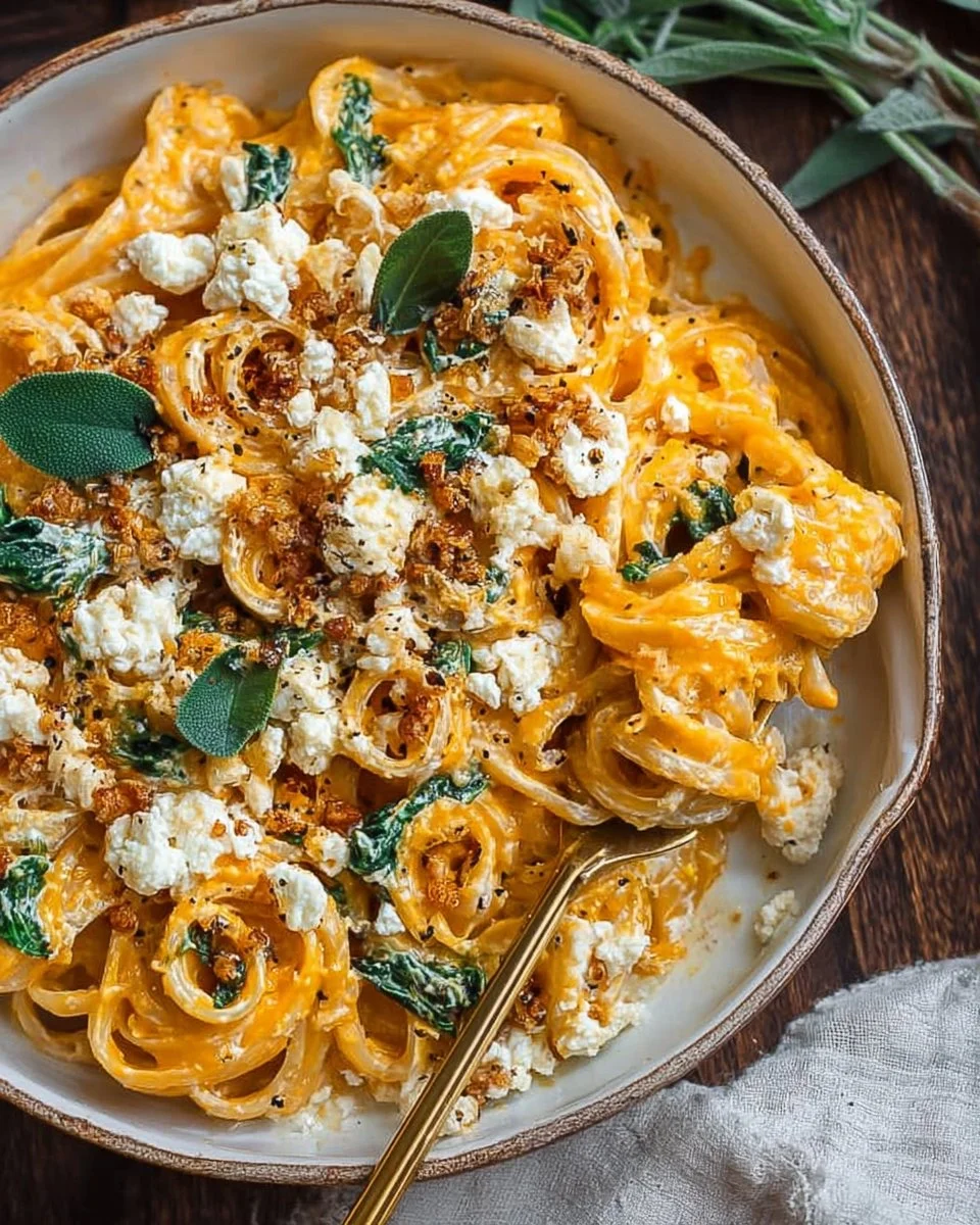 Creamy pumpkin feta pasta dish garnished with herbs