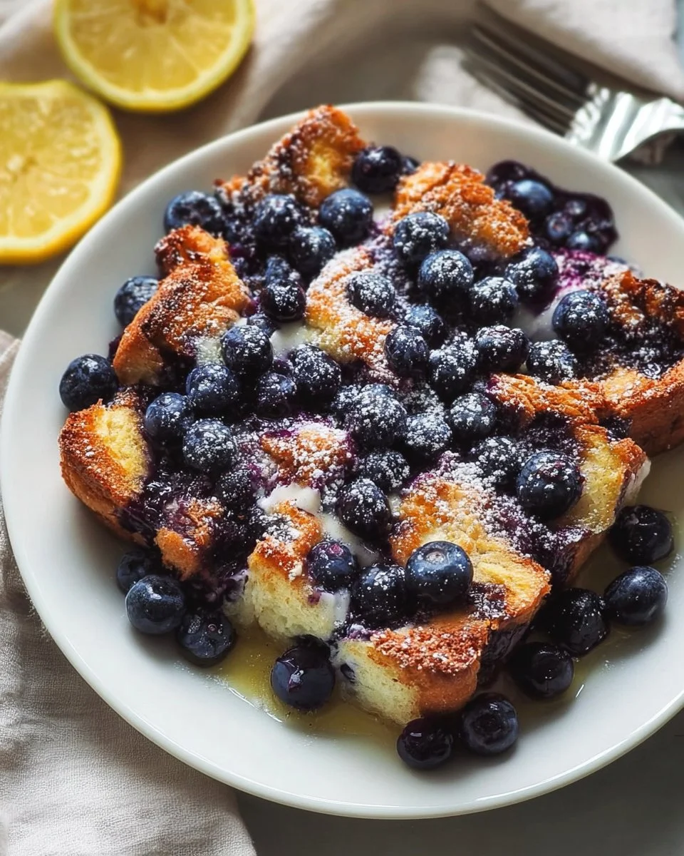 Delicious Blueberry French Toast Casserole with fresh blueberries and syrup.