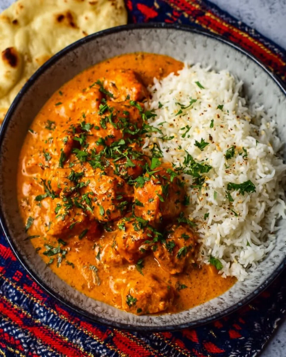 Homemade butter chicken served with rice and garnished with cilantro