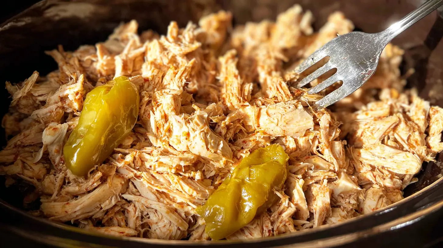 Easy Mississippi Chicken: Your #1 Quick Meal! 1 Cooked Easy Mississippi Chicken in a slow cooker, rich with gravy.