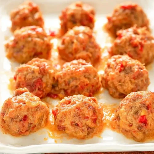 A platter of golden-baked Rotel cream cheese sausage balls
