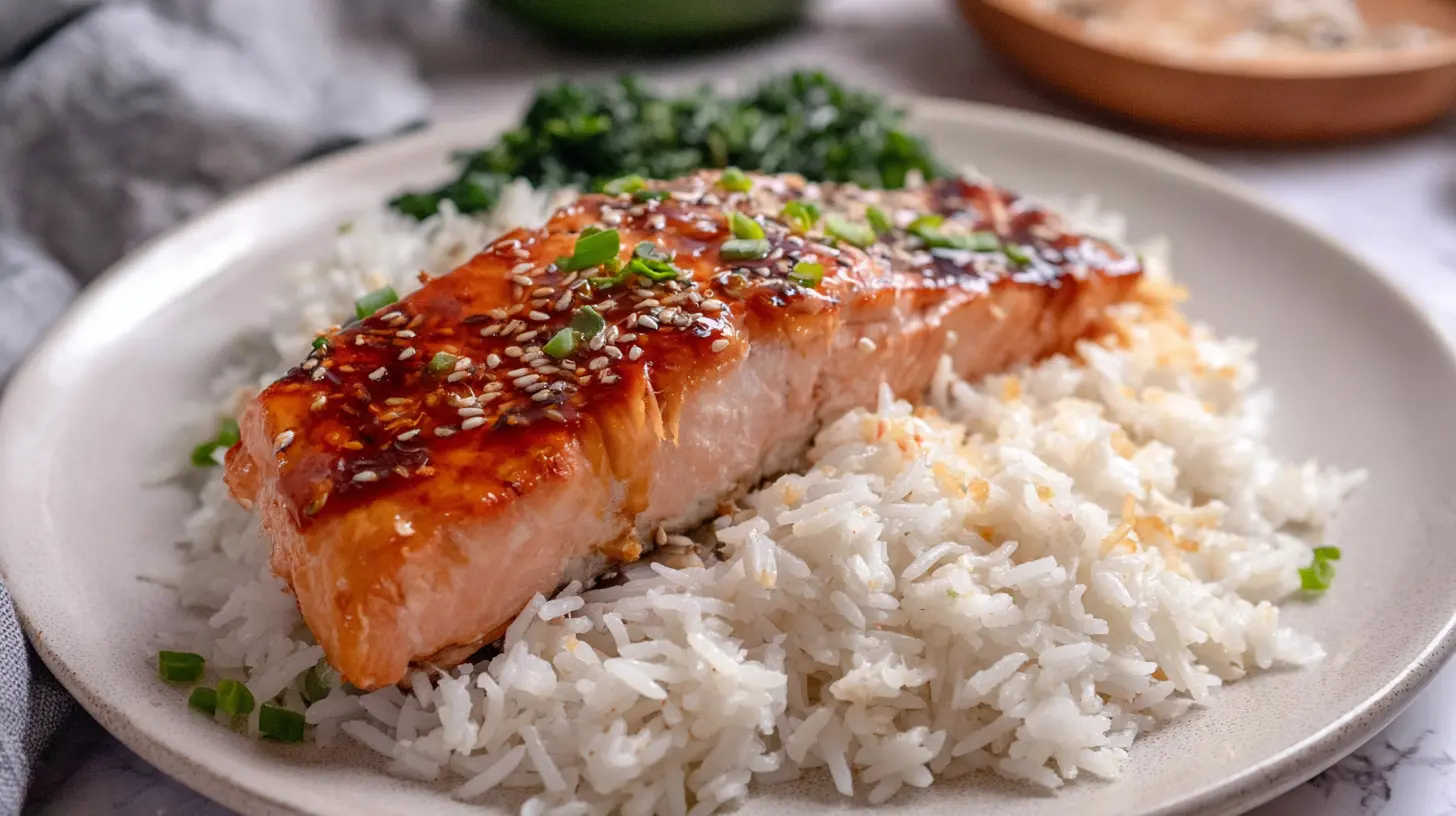 A perfectly cooked salmon fillet next to fluffy white rice.