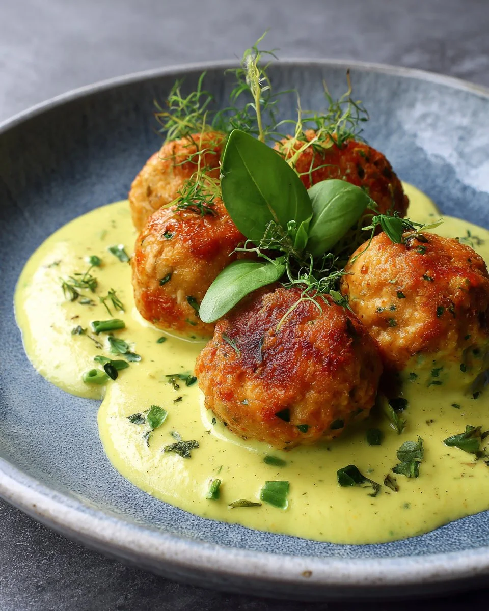 Delicious salmon balls topped with creamy avocado sauce on a plate