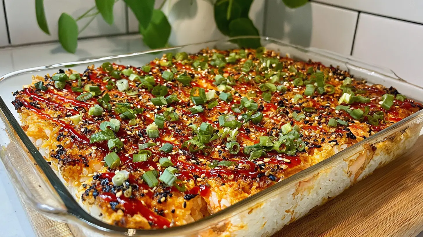 A freshly prepared Salmon Sushi Bake in a baking pan, garnished with herbs.